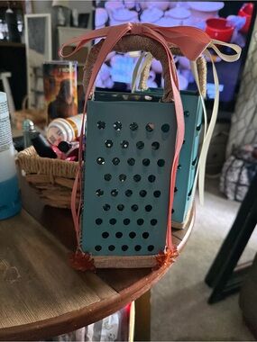 Blue Perforated Tote Bag with Pink Ribbon Handles